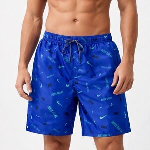 Nike Just Do It All Over Print Swim Trunks Shorts Blue Green Mens XL Drawstring